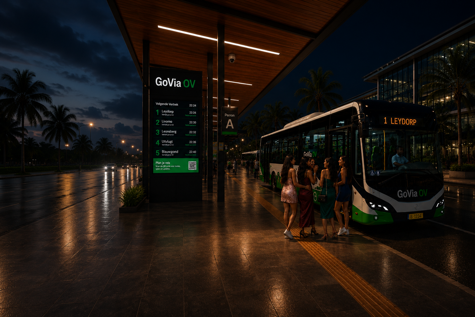 GoVia OV halte 's avonds met digitaal vertrekbord en bus naar Leydorp in Suriname
