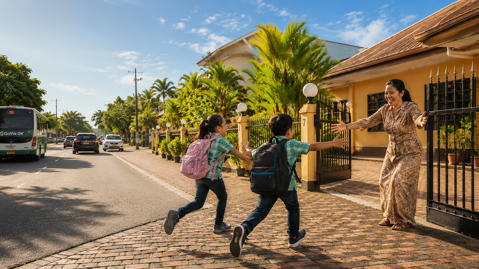 Kinderen rennen naar hun moeder thuis na schooldag, GoVia OV bus rijdt voorbij