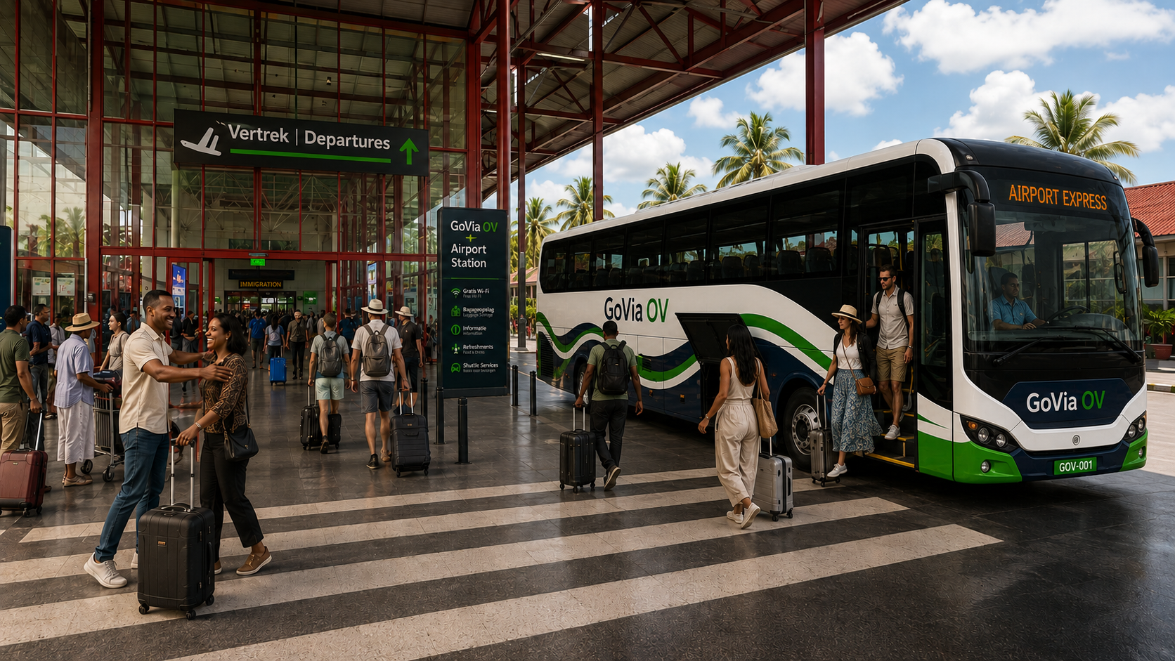 GoVia OV Airport Express bus bij JAP Airport terminal met reizigers in Suriname